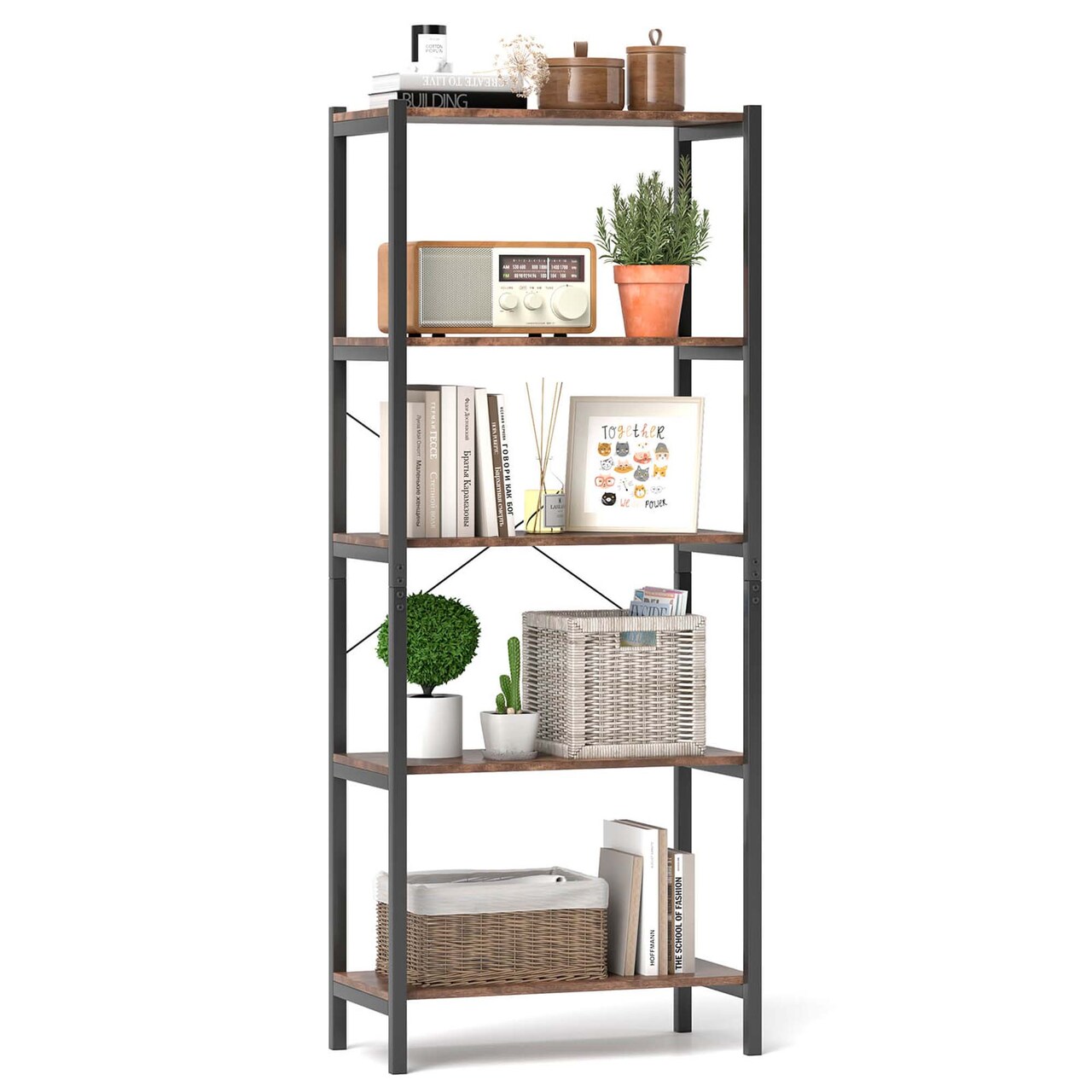 Costway 1/2 PCS 5-Tier Bookshelf Bookcase with Metal Frame & Dual Anti-Tipping Kits Storage Rack